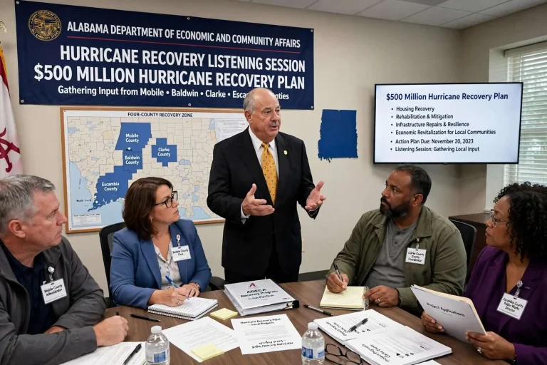 Illustration for the news story: ADECA Gathers Input From Mobile, Baldwin, Clarke and Escambia Leaders on $500 Million Hurricane Recovery Plan
