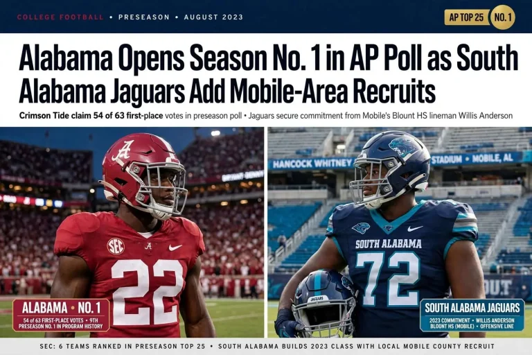 Illustration for the news story: Alabama Opens Season No. 1 in AP Poll as South Alabama Jaguars Add Mobile-Area Recruits