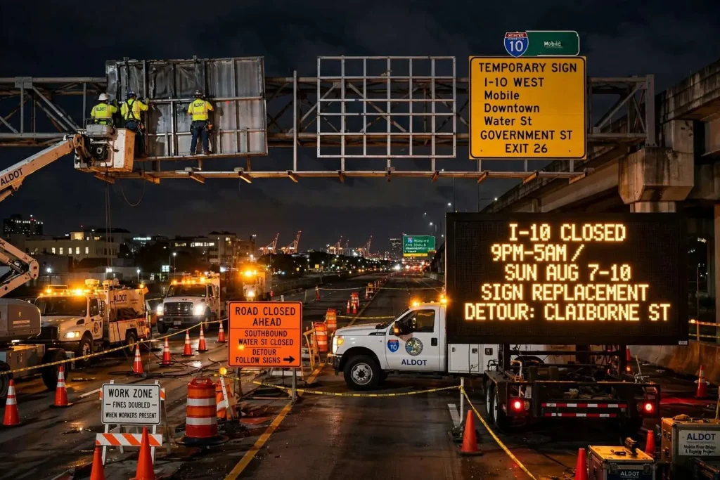 Illustration for the news story: ALDOT to Close Sections of I-10 in Mobile for Overnight Sign Replacements