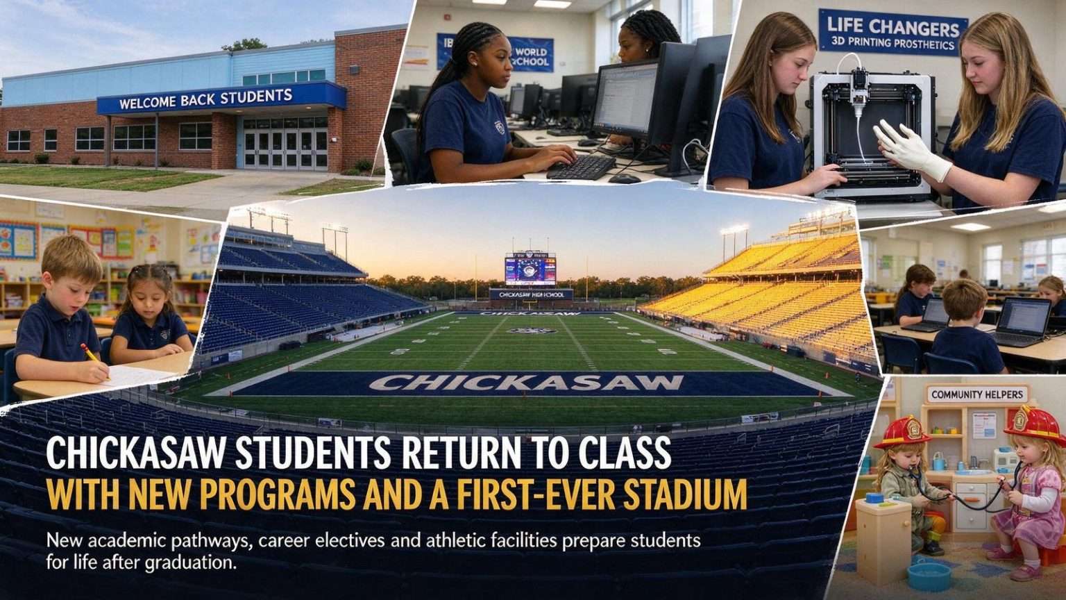 Illustration for the news story: Chickasaw Students Return to Class With New Programs and a First-Ever Stadium