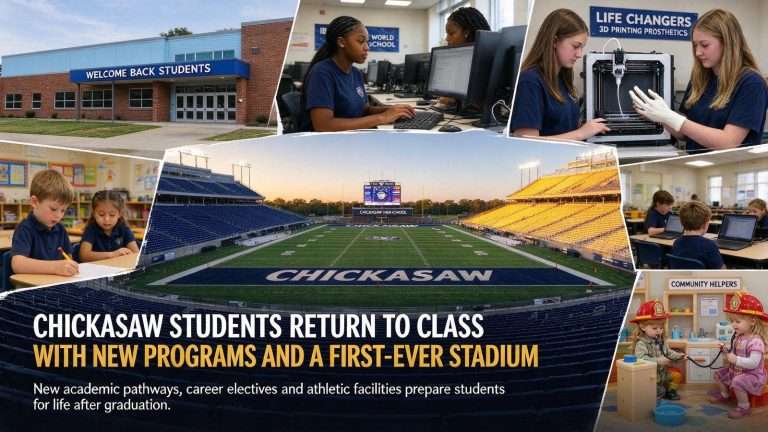 Illustration for the news story: Chickasaw Students Return to Class With New Programs and a First-Ever Stadium