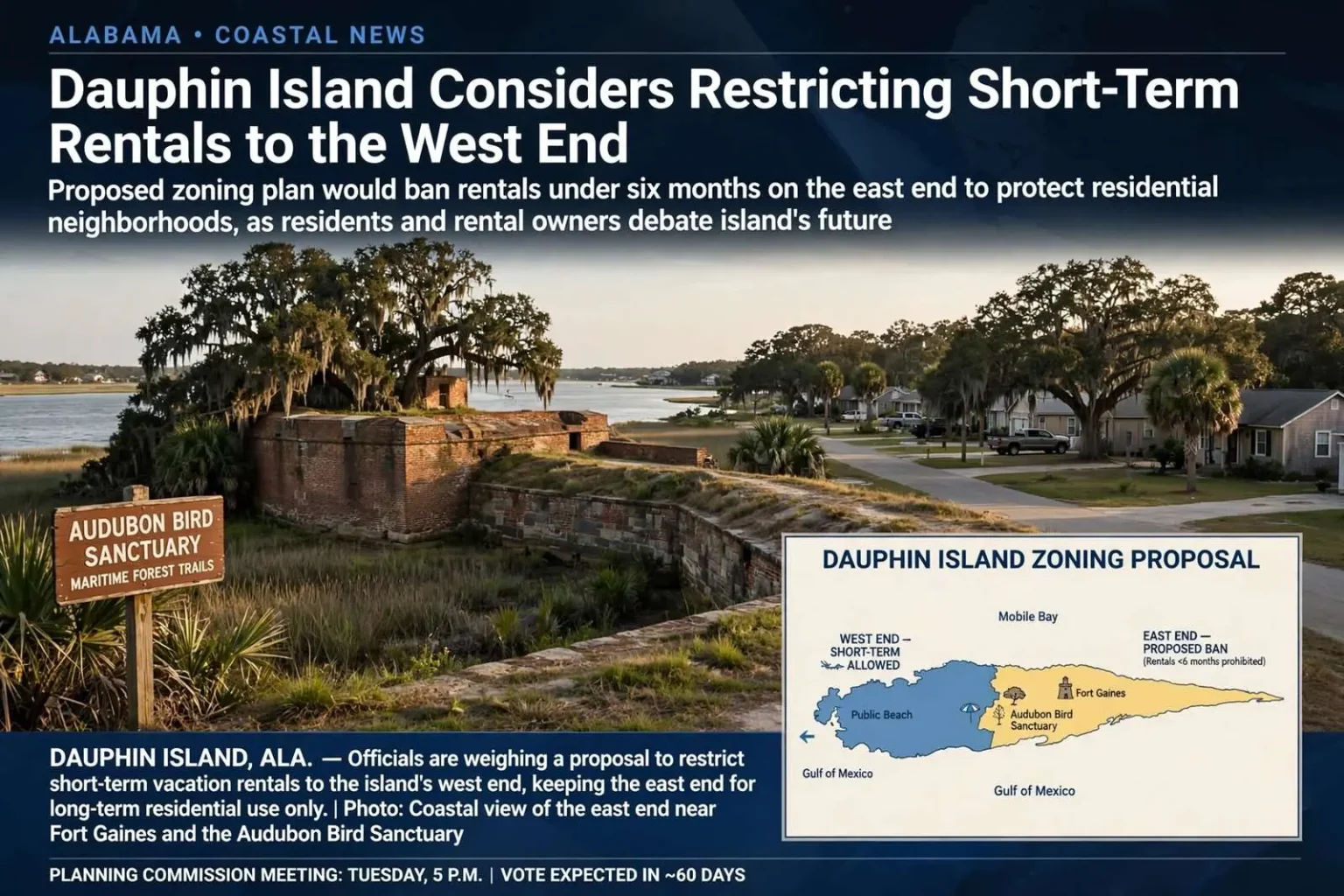 Illustration for the news story: Dauphin Island Considers Restricting Short-Term Rentals to the West End