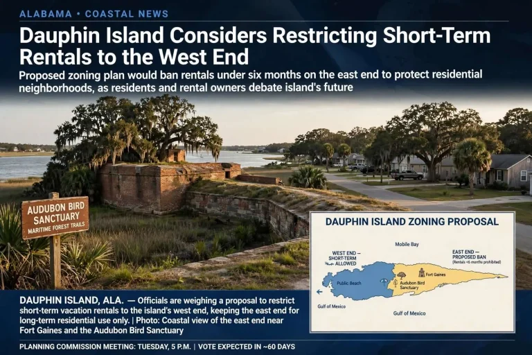 Illustration for the news story: Dauphin Island Considers Restricting Short-Term Rentals to the West End