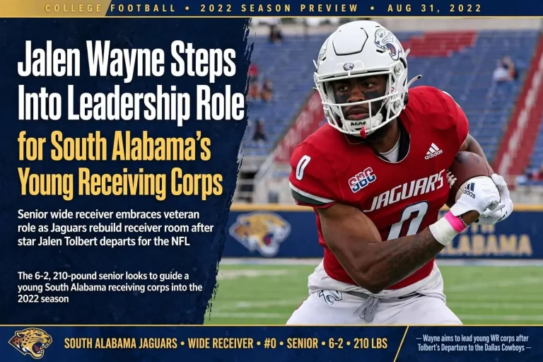Illustration for the news story: Jalen Wayne Steps Into Leadership Role for South Alabama’s Young Receiving Corps