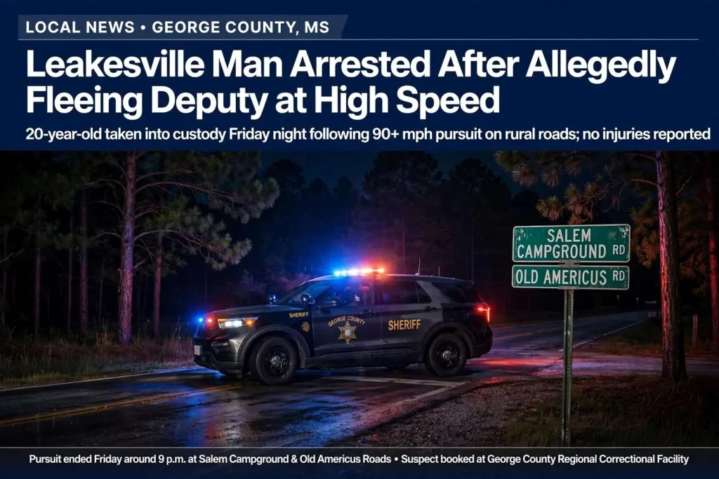 Illustration for the news story: Leakesville man arrested after allegedly fleeing George County deputy at high speed