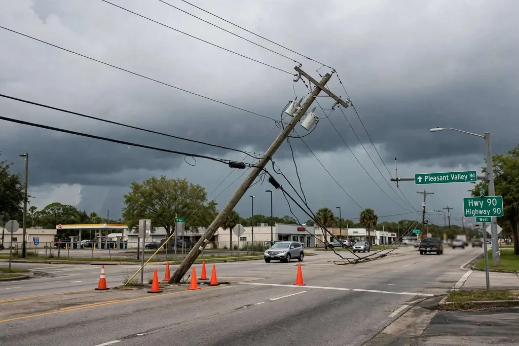 Illustration for the news story: Leaning Power Pole at Highway 90 and Pleasant Valley Road Goes Unrepaired Ahead of Storms