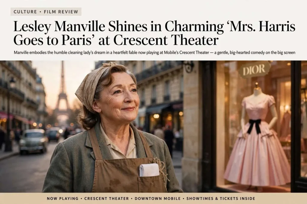 Illustration for the news story: Lesley Manville Shines in Charming ‘Mrs. Harris Goes to Paris’ at Crescent Theater