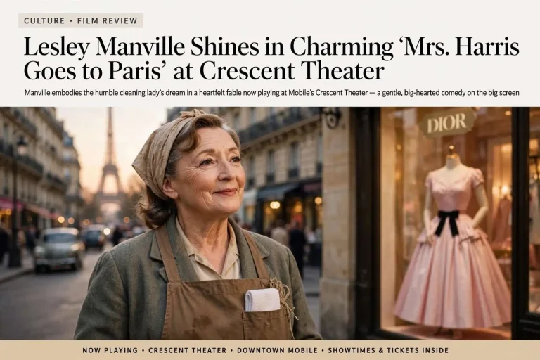 Illustration for the news story: Lesley Manville Shines in Charming ‘Mrs. Harris Goes to Paris’ at Crescent Theater