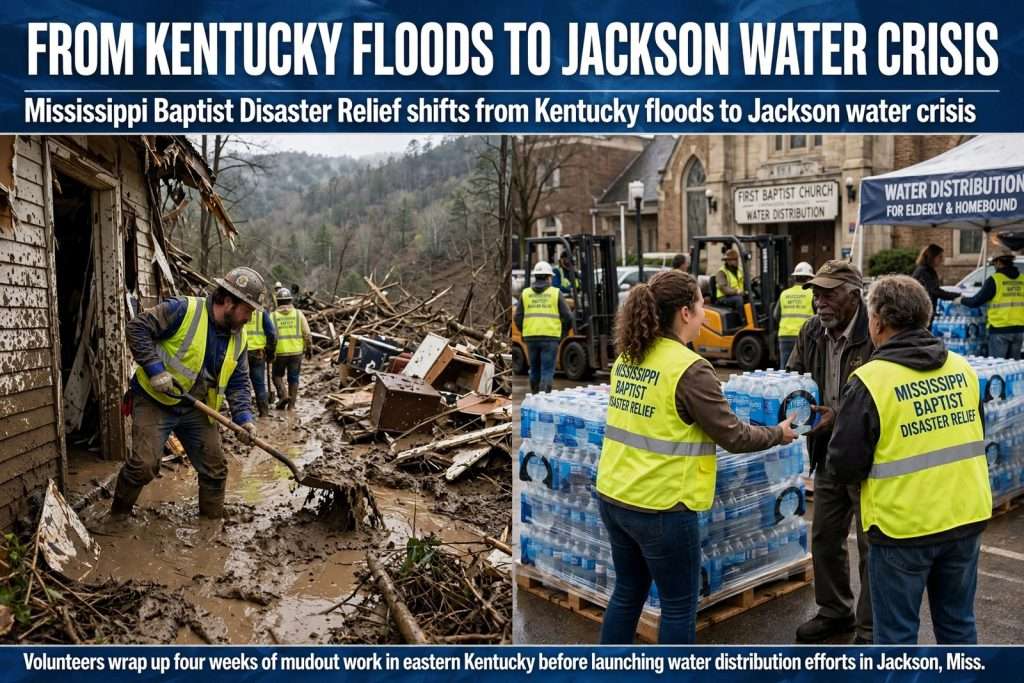 Illustration for the news story: Mississippi Baptist Disaster Relief shifts from Kentucky floods to Jackson water crisis