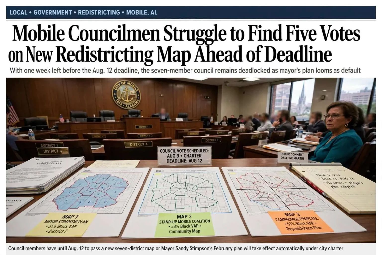Illustration for the news story: Mobile Councilmen Struggle to Find Five Votes on New Redistricting Map Ahead of Deadline