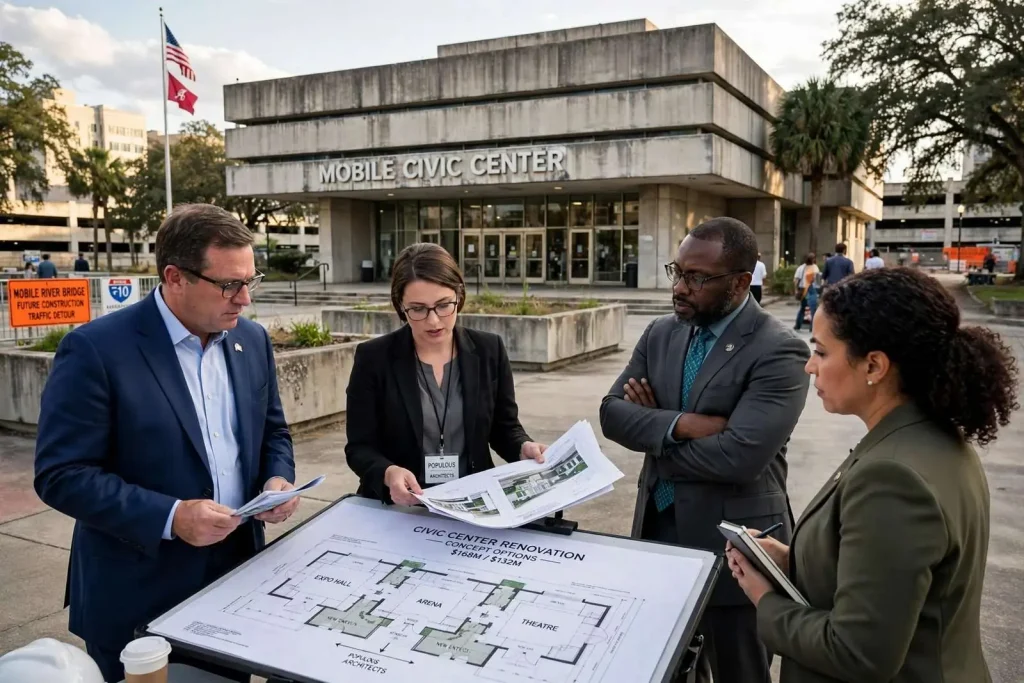 Illustration for the news story: Mobile Leaders Eye $168 Million Renovation Concepts for Aging Civic Center