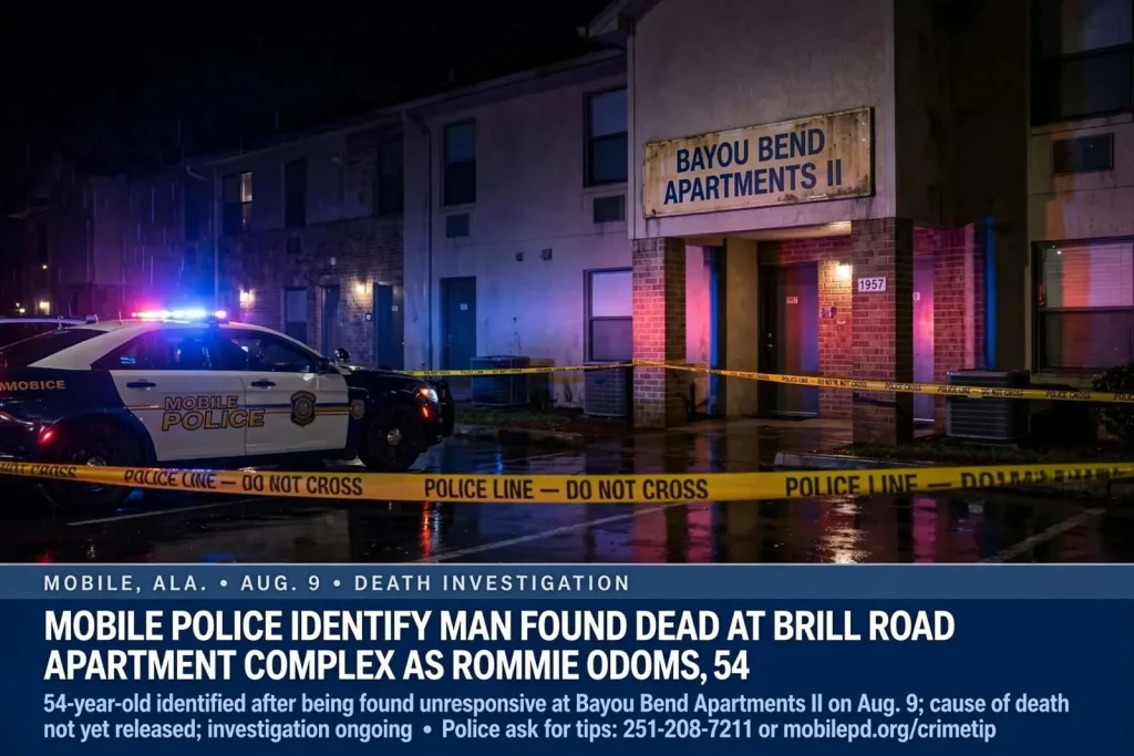 Illustration for the news story: Mobile Police Identify Man Found Dead at Brill Road Apartment Complex as Rommie Odoms