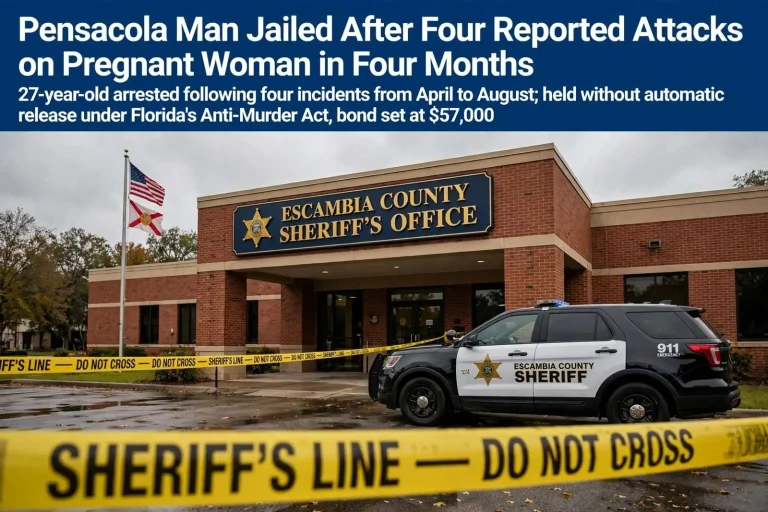Illustration for the news story: Pensacola Man Jailed After Four Reported Attacks on Pregnant Woman in Four Months