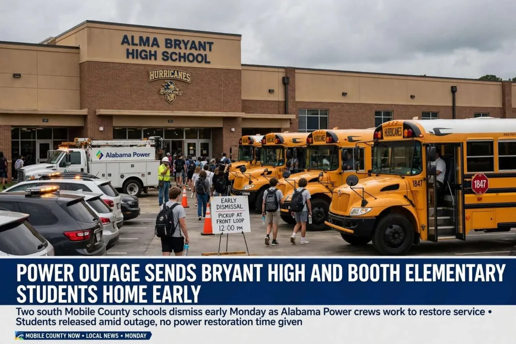 Illustration for the news story: Power Outage Sends Bryant High and Booth Elementary Students Home Early