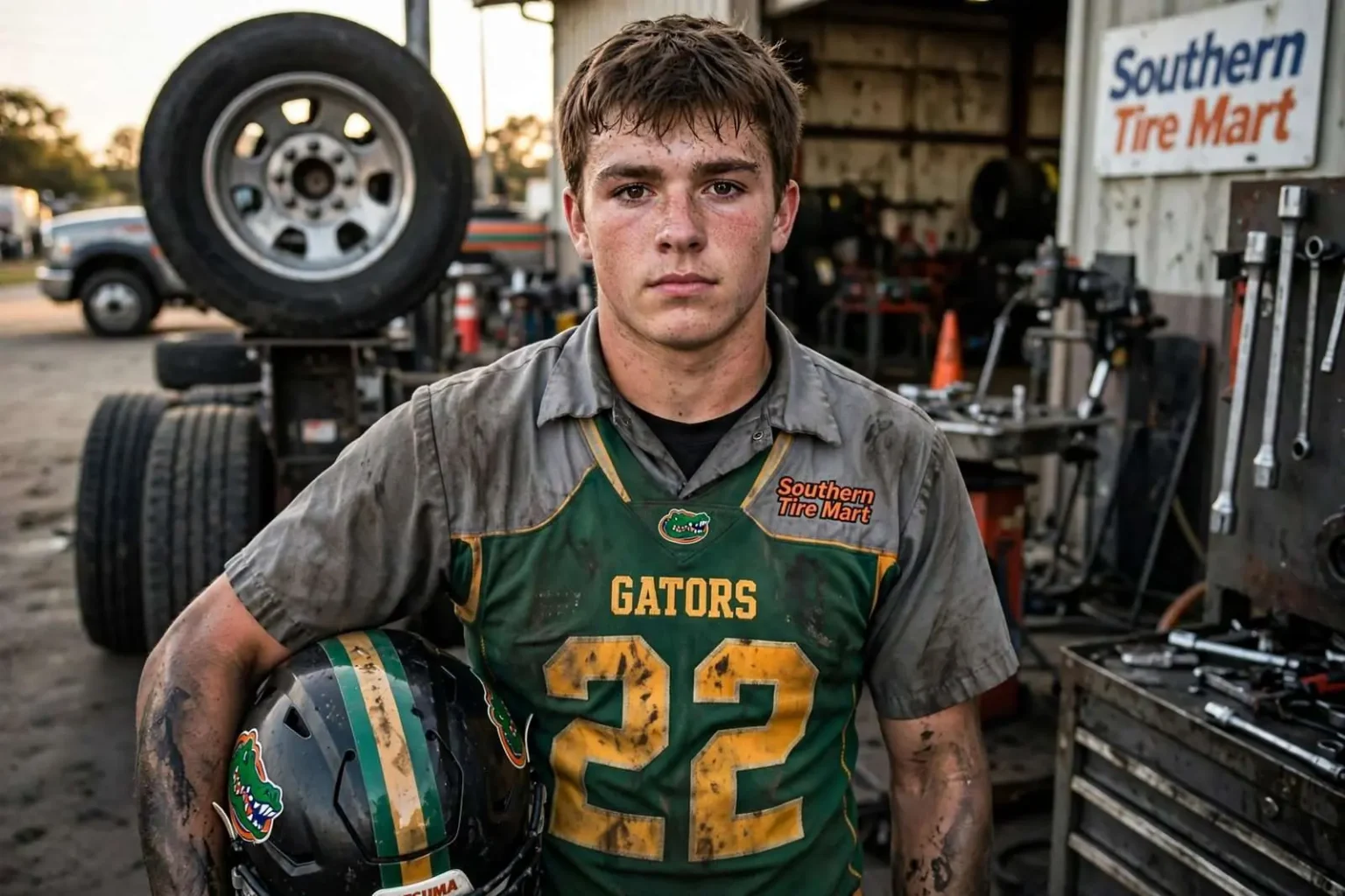 Illustration for the news story: Satsuma senior Matthew Ziebach juggles tire shop shifts and Gators football