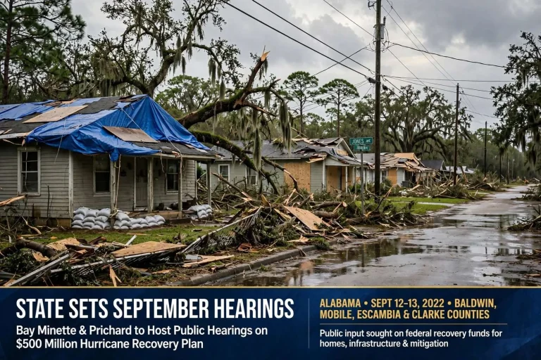 Illustration for the news story: State Sets September Hearings in Bay Minette, Prichard on $500 Million Hurricane Recovery Plan