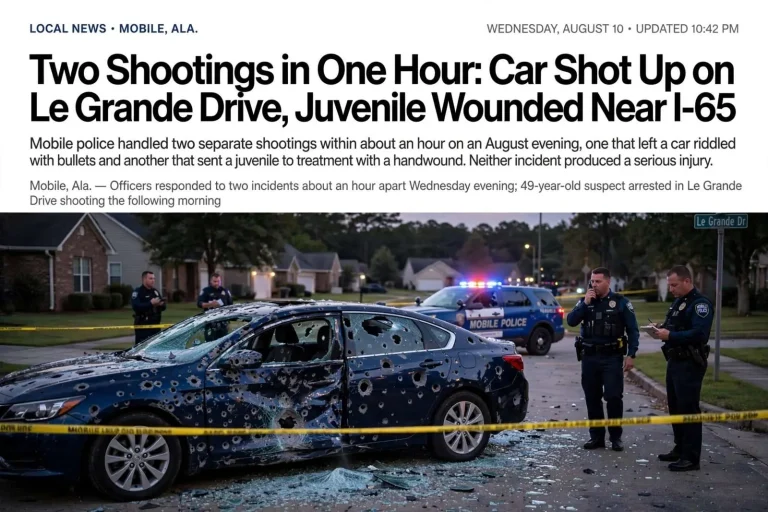 Illustration for the news story: Two Shootings in One Hour: Car Shot Up on Le Grande Drive, Juvenile Wounded Near I-65