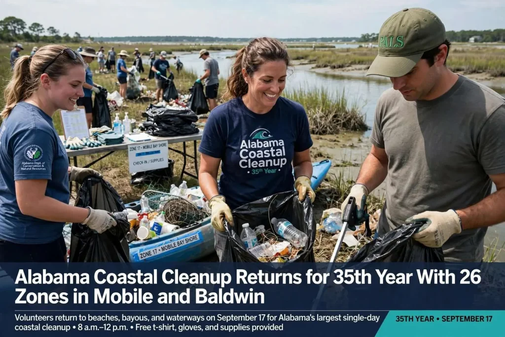Illustration for the news story: Alabama Coastal Cleanup Returns for 35th Year With 26 Zones in Mobile and Baldwin
