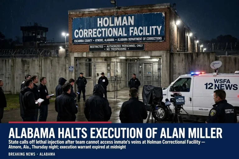 Illustration for the news story: Alabama Halts Execution of Alan Miller After Prison Team Can’t Access His Veins