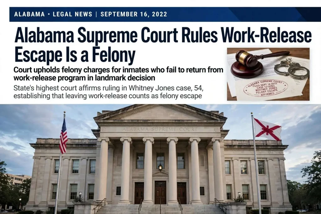 Illustration for the news story: Alabama Supreme Court Rules Work-Release Escape Is a Felony