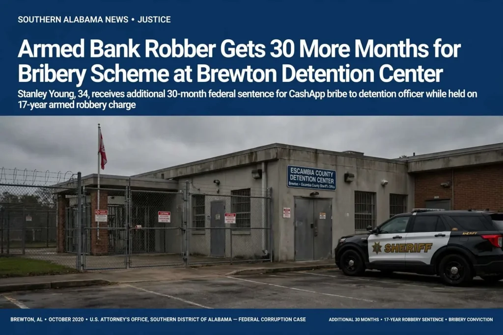 Illustration for the news story: Armed Bank Robber Gets 30 More Months for Bribery Scheme at Brewton Detention Center