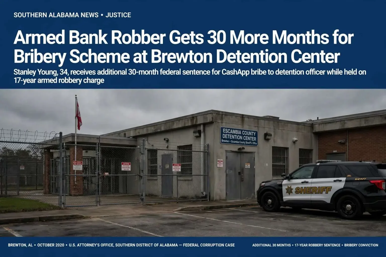 Illustration for the news story: Armed Bank Robber Gets 30 More Months for Bribery Scheme at Brewton Detention Center