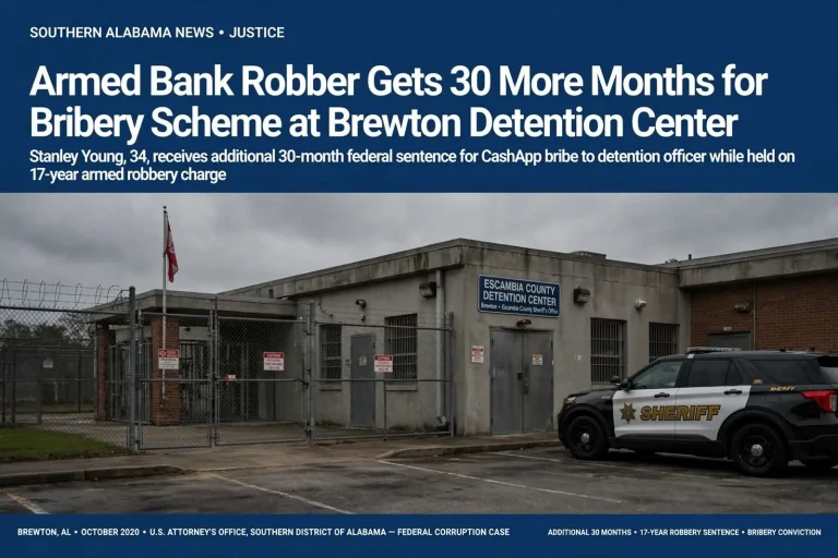 Illustration for the news story: Armed Bank Robber Gets 30 More Months for Bribery Scheme at Brewton Detention Center