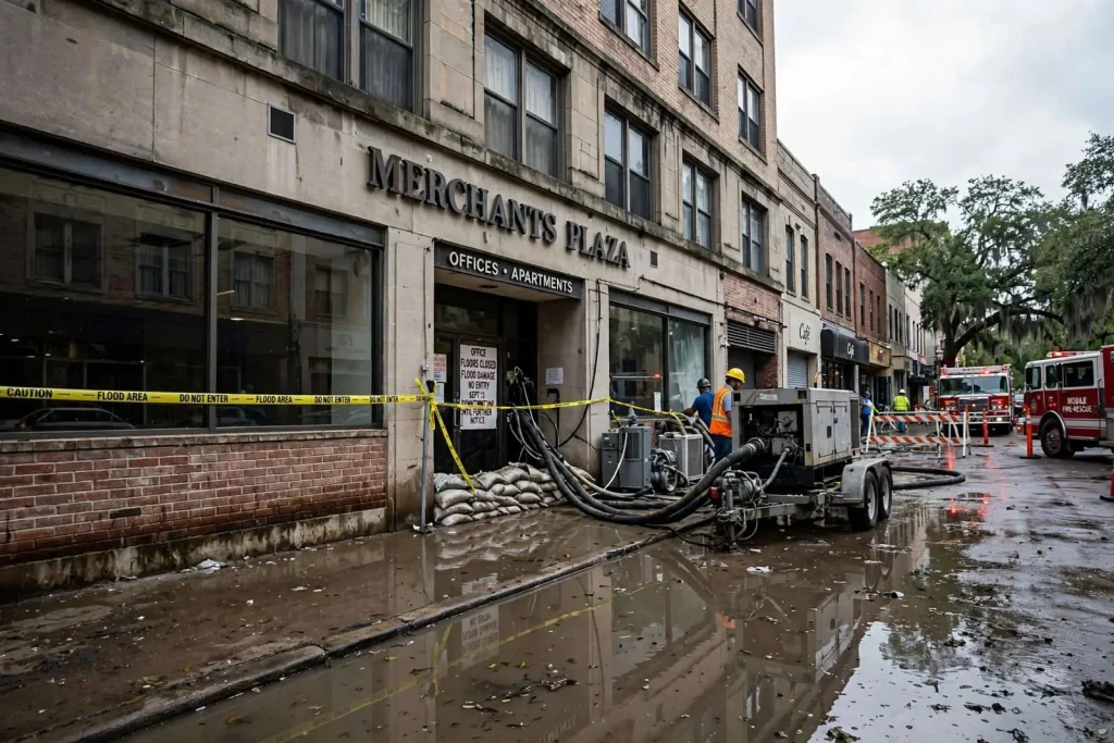 Illustration for the news story: Burst Fire Main Blamed for Million-Gallon Flood at Downtown Mobile’s Merchants Plaza