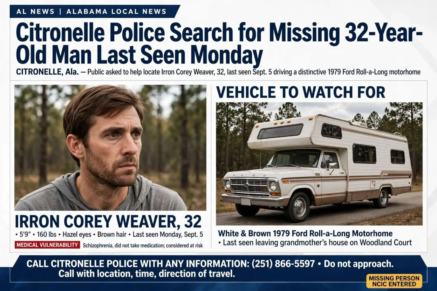 Illustration for the news story: Citronelle Police Search for Missing 32-Year-Old Man Last Seen Monday