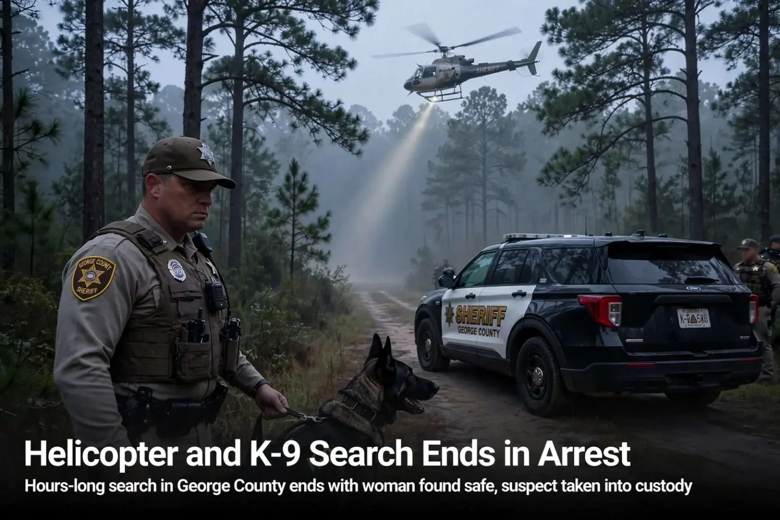 Illustration for the news story: Helicopter and K-9 Search Ends in Arrest After Hours-Long Incident in George County