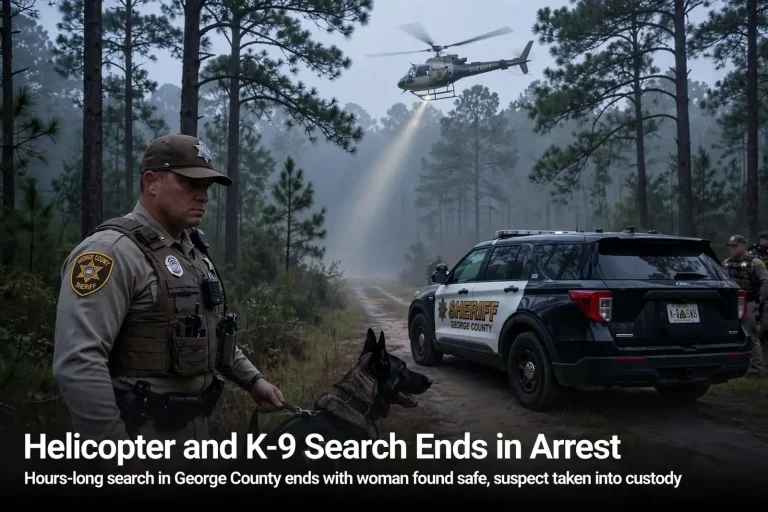 Illustration for the news story: Helicopter and K-9 Search Ends in Arrest After Hours-Long Incident in George County