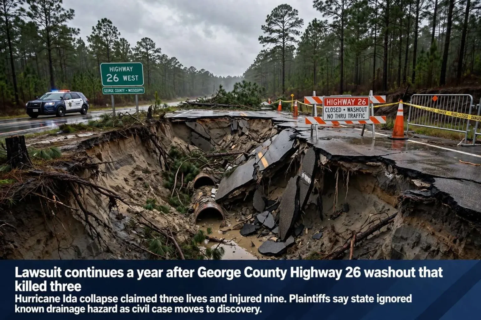 Illustration for the news story: Lawsuit continues a year after George County Highway 26 washout that killed three