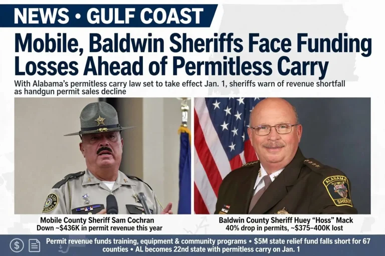 Illustration for the news story: Mobile, Baldwin Sheriffs Face Funding Losses Ahead of Permitless Carry