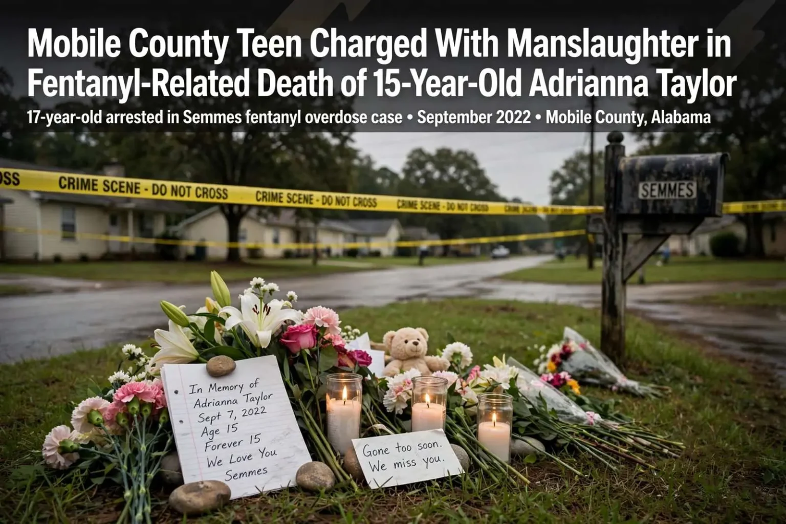 Illustration for the news story: Mobile County Teen Charged With Manslaughter in Fentanyl-Related Death of 15-Year-Old Adrianna Taylor
