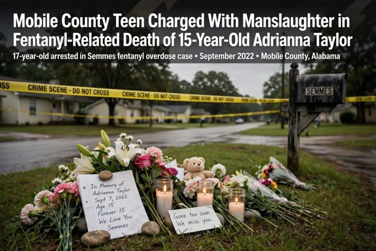 Illustration for the news story: Mobile County Teen Charged With Manslaughter in Fentanyl-Related Death of 15-Year-Old Adrianna Taylor