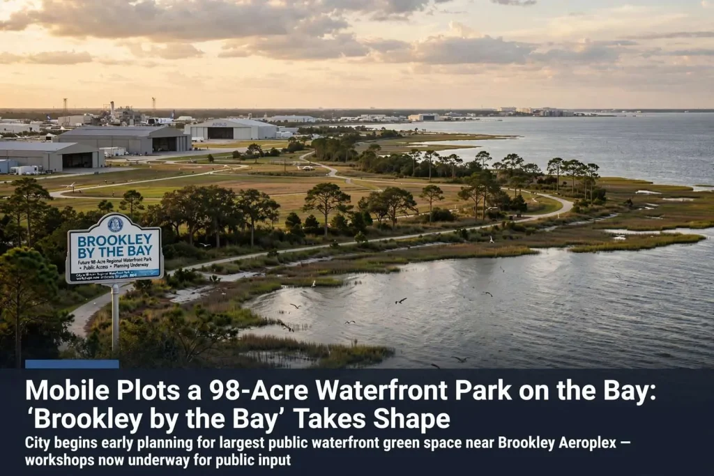 Illustration for the news story: Mobile Plots a 98-Acre Waterfront Park on the Bay: ‘Brookley by the Bay’ Takes Shape