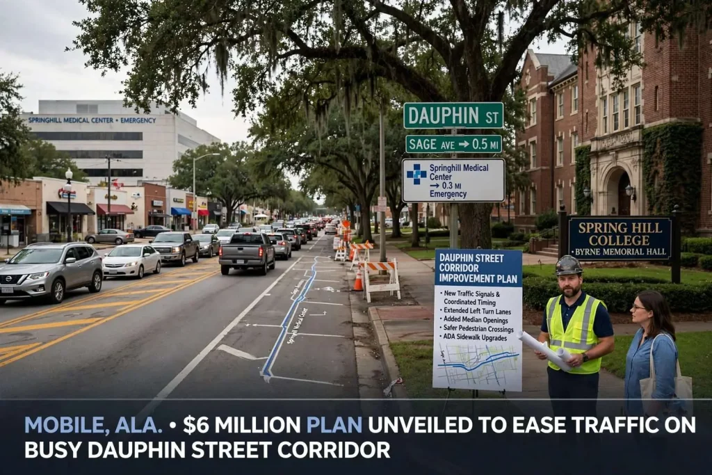 Illustration for the news story: Mobile Unveils $6 Million Plan to Ease Traffic on Busy Dauphin Street Corridor