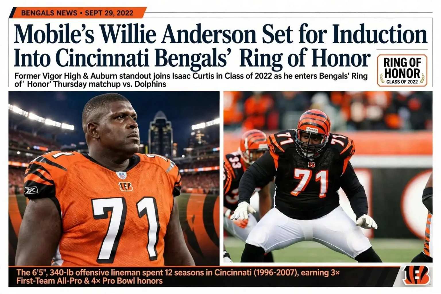 Illustration for the news story: Mobile’s Willie Anderson Set for Induction Into Cincinnati Bengals’ Ring of Honor