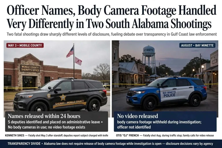 Illustration for the news story: Officer Names, Body Camera Footage Handled Very Differently in Two South Alabama Shootings