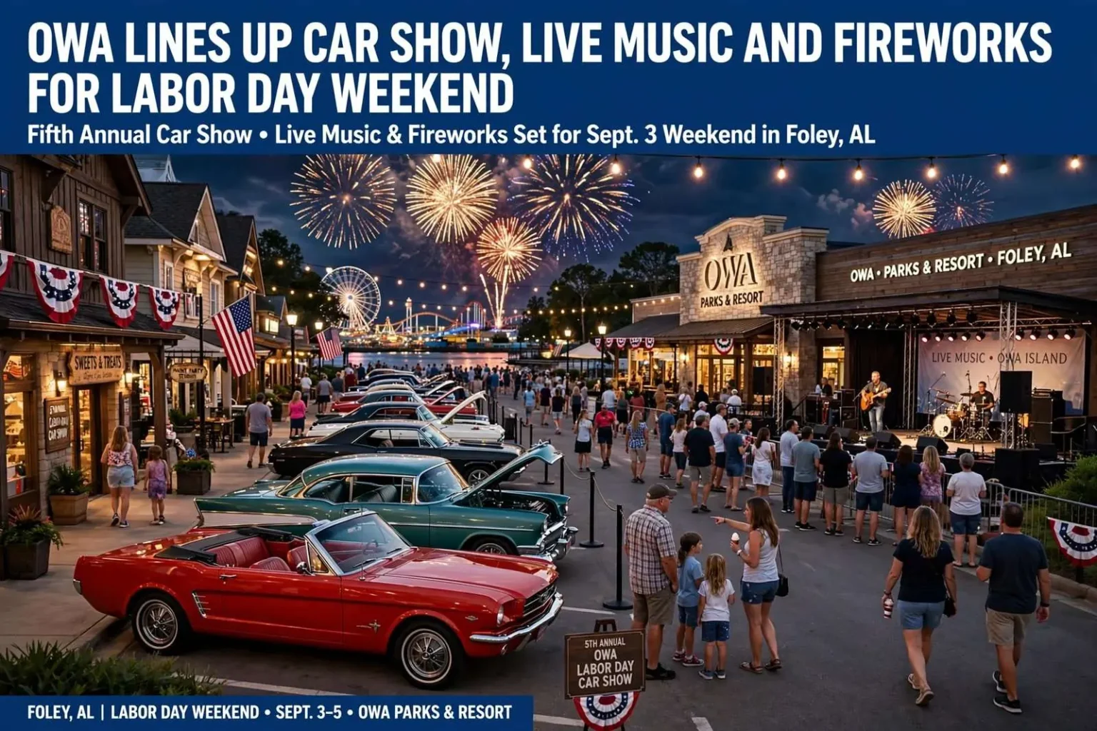 Illustration for the news story: OWA Lines Up Car Show, Live Music and Fireworks for Labor Day Weekend