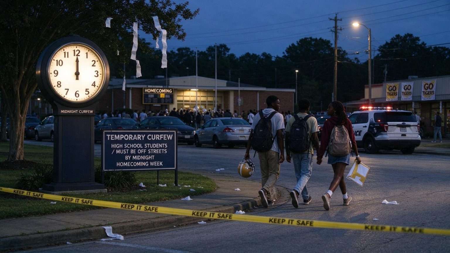 Illustration for the news story: Satsuma’s Homecoming-Week Curfew Splits Opinion Among Students and Parents