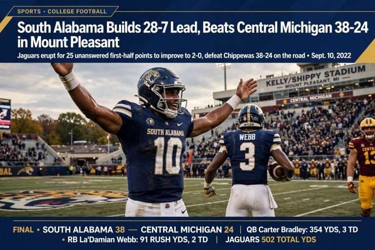 Illustration for the news story: South Alabama Builds 28-7 Lead, Beats Central Michigan 38-24 in Mount Pleasant