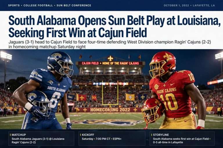 Illustration for the news story: South Alabama Opens Sun Belt Play at Louisiana, Seeking First Win at Cajun Field