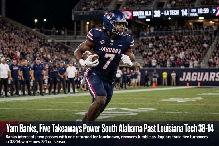 Illustration for the news story: Yam Banks, Five Takeaways Power South Alabama Past Louisiana Tech 38-14