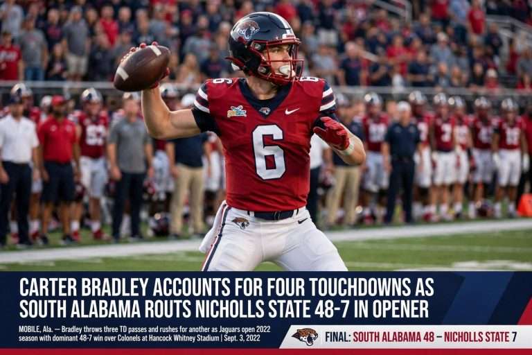 Illustration for the news story: Carter Bradley Accounts for Four Touchdowns as South Alabama Routs Nicholls State 48-7 in Opener