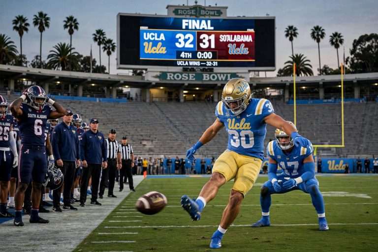 Illustration for the news story: South Alabama Falls 32-31 at UCLA on Final-Play Field Goal After Fake Field Goal Fails