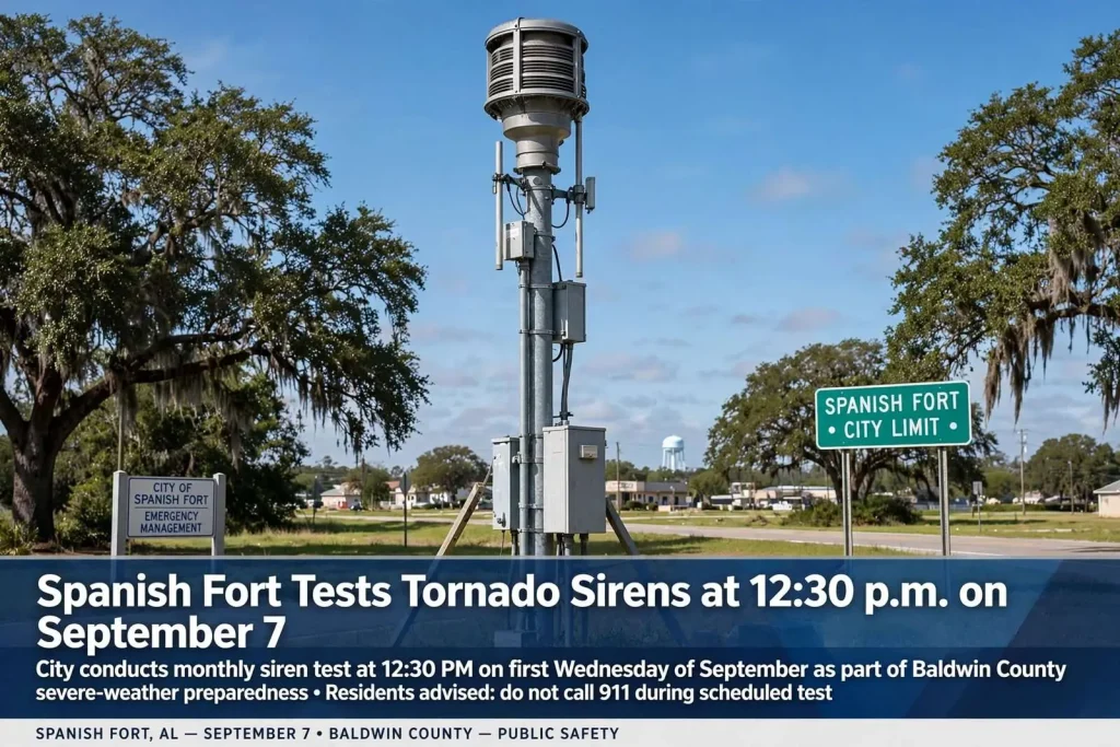 Illustration for the news story: Spanish Fort Tests Tornado Sirens at 12:30 p.m. on September 7