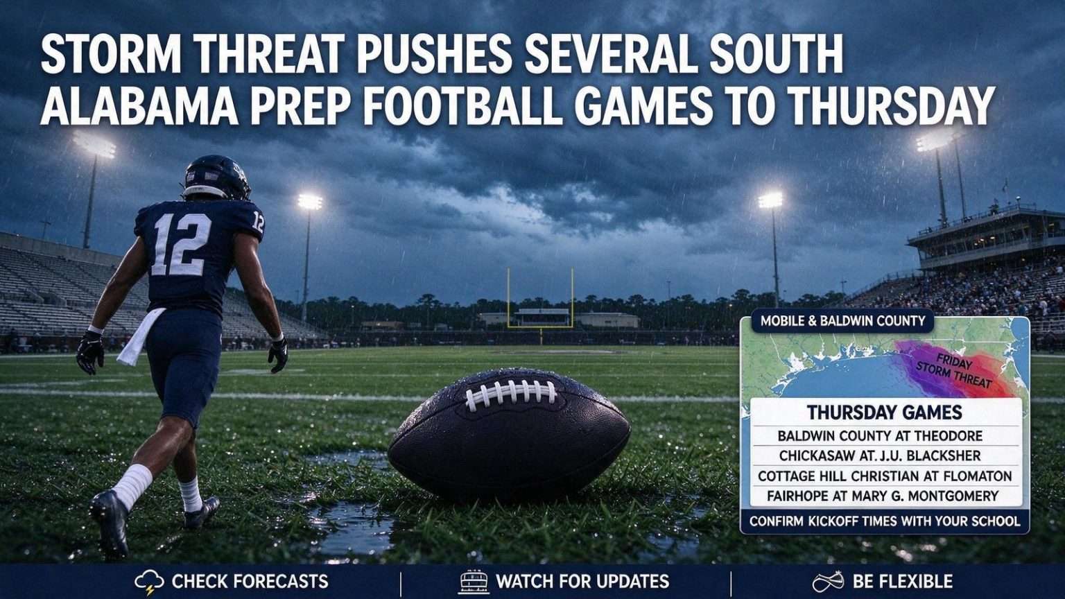Illustration for the news story: Storm Threat Pushes Several South Alabama Prep Football Games to Thursday