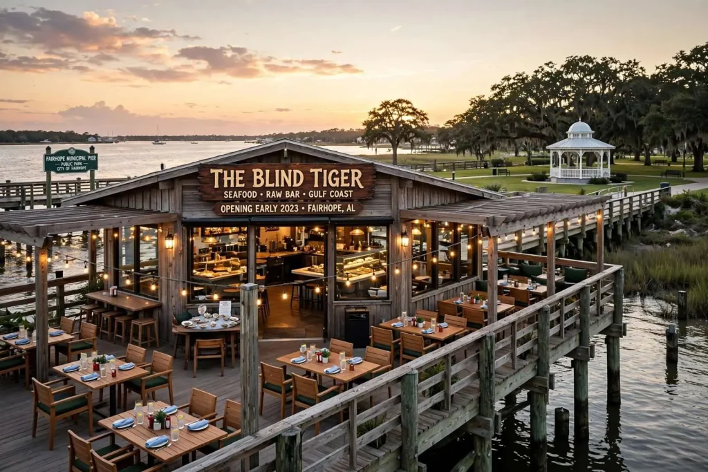 Illustration for the news story: The Blind Tiger Restaurant Coming to Fairhope Municipal Pier in Early 2023
