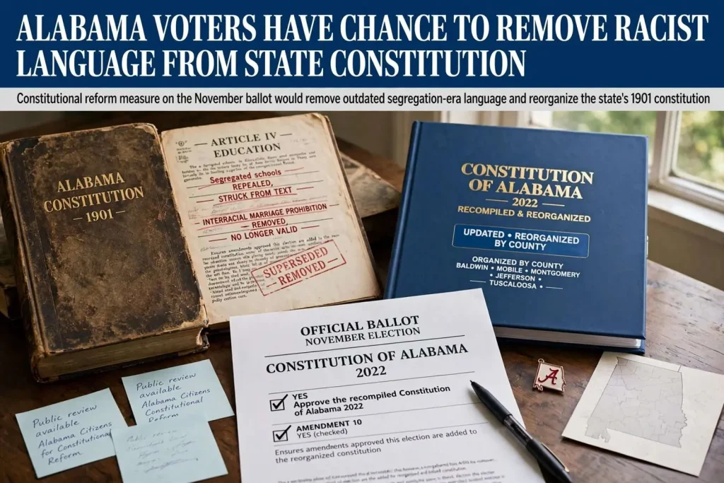 Illustration for the news story: Alabama Voters Have Chance to Remove Racist Language From State Constitution
